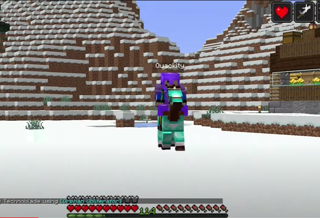 This is a screenshot from Techno's stream. Quackity is sitting on top of Carl the horse in full netherite gear.
